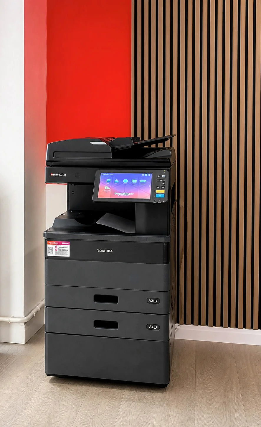 Multifunzione Toshiba A4/A3 a colori rigenerata da Makhytec, installata in un ufficio